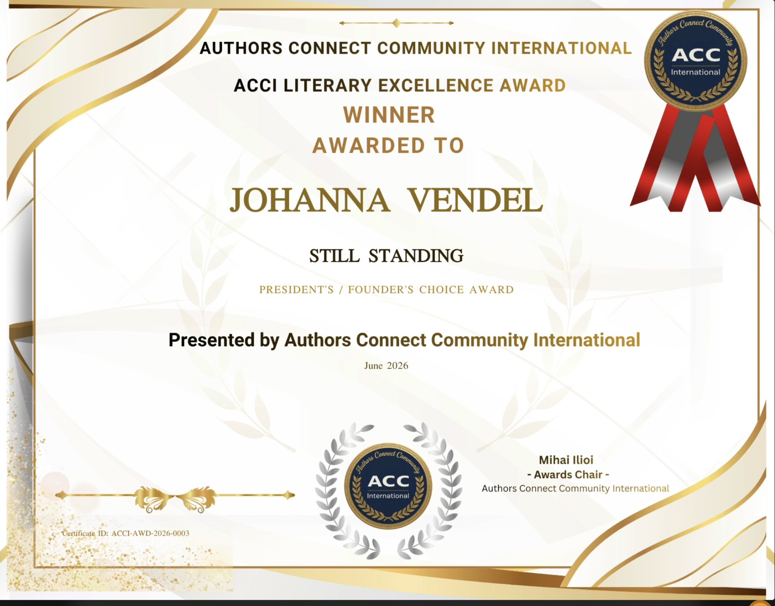 ACCI Literary Excellence Award certificate naming Johanna Vendel a winner for Still Standing, President’s / Founder’s Choice, June 2026